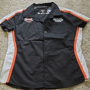 Harley-Davidson Black Button-Down Shirt with Orange & White Accents